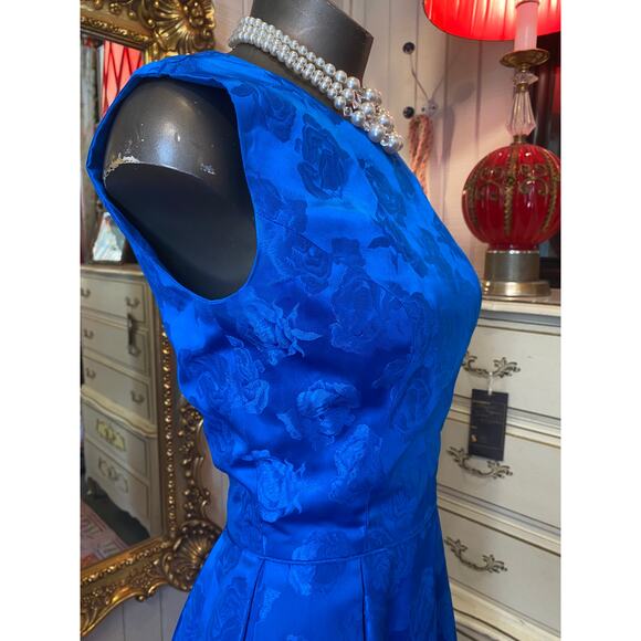vintage 1960s blue brocade cocktail dress sleeveless flared skirt small mcm 25 - Picture 4 of 9